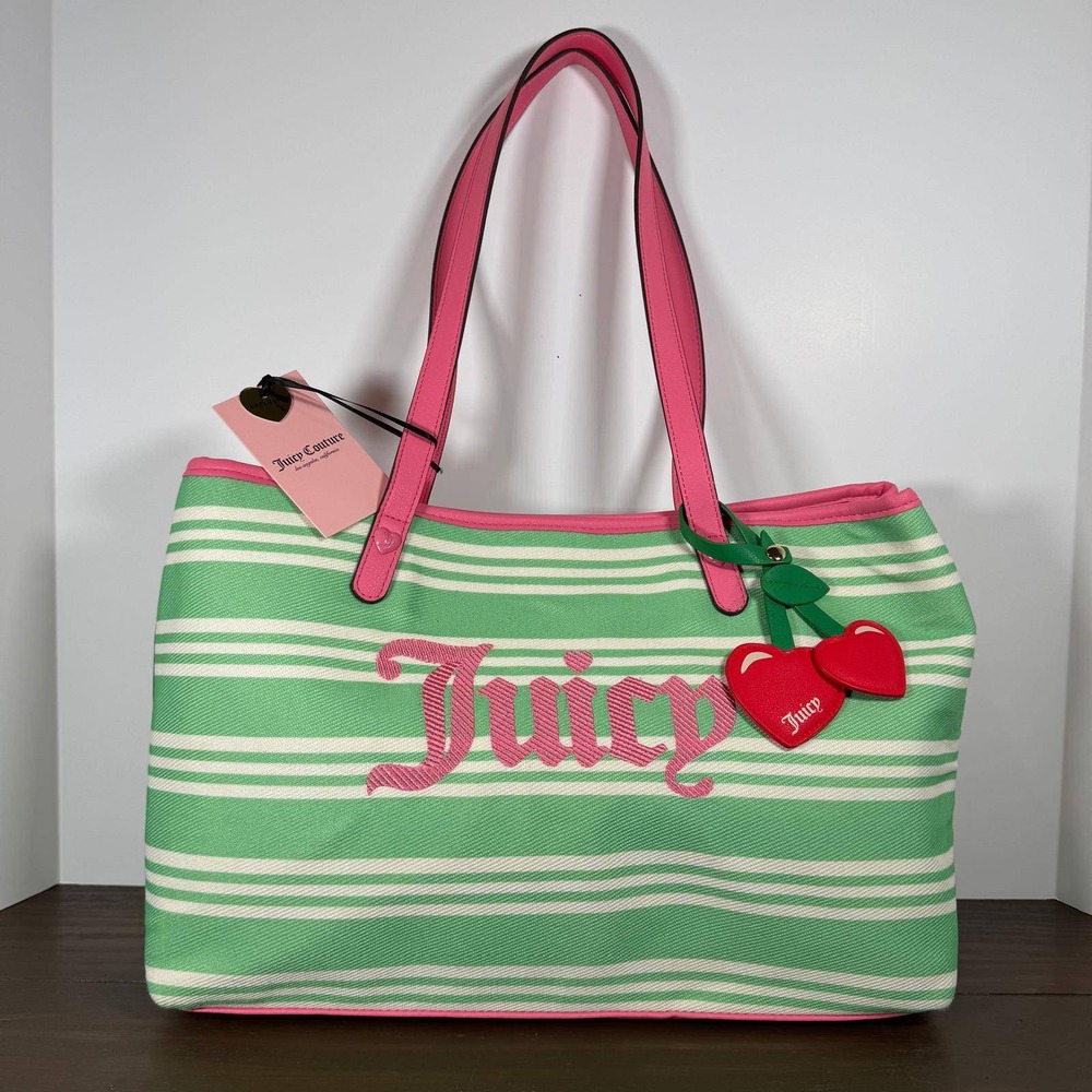 Juicy Couture Paradise Tote Bag Green White Striped Cherry Charm Canva NWT Large